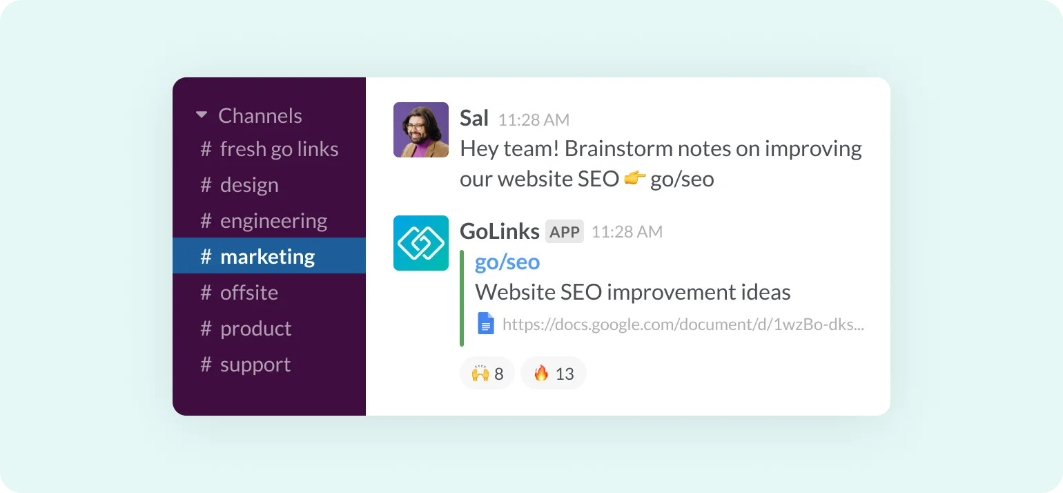 Go Links® embeds in slack channels